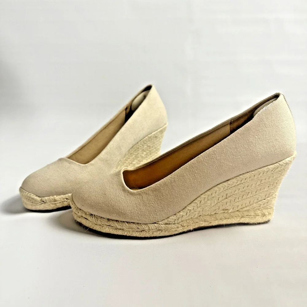 Coastal Grandma Espadrille Wedge Canvas Pumps Neutral J.Crew Size 8 Boho Resort